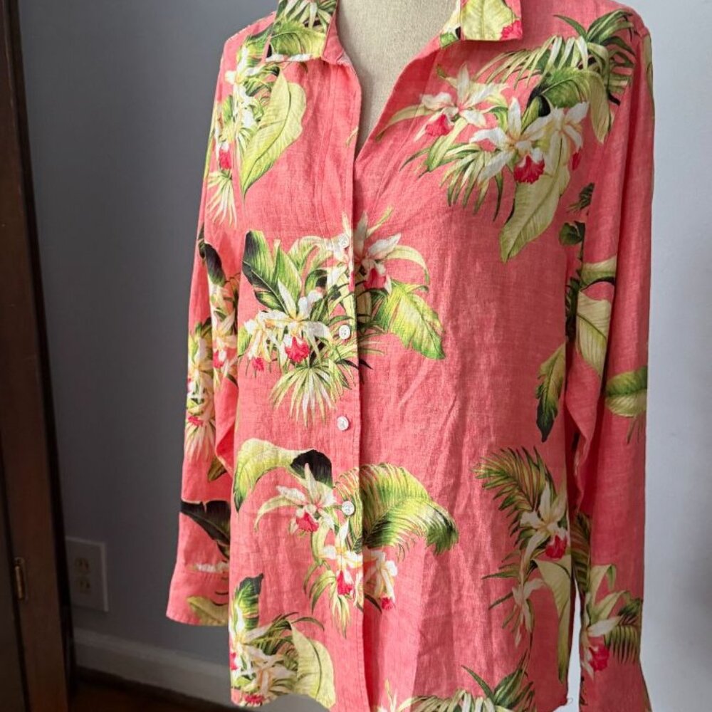 Tommy Bahama Coral Pink Tropical Floral Button-Up Blouse